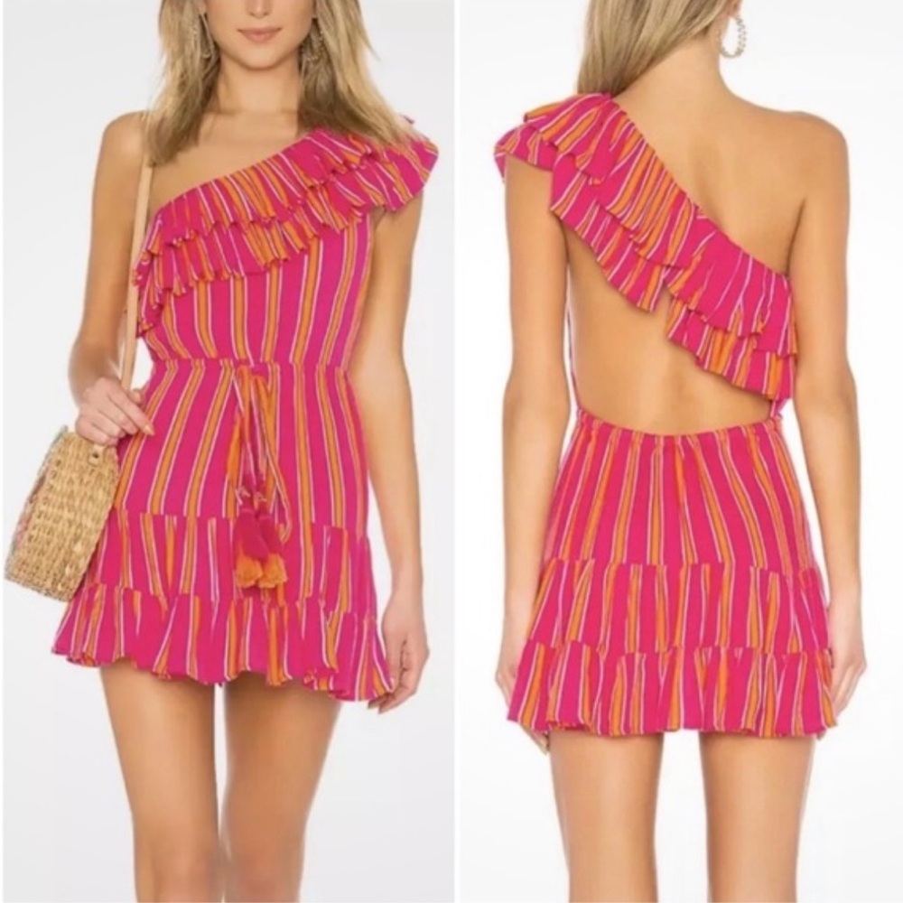 LOVERS + FRIENDS Women's Size M Pink Stripe Amity One Shoulder Ruffle Mini Dress